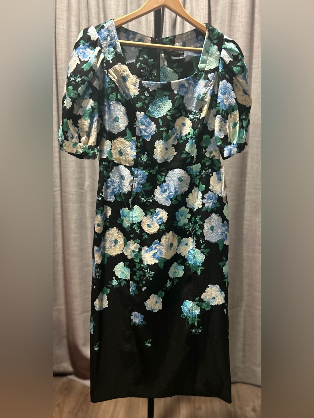 Maison Tara Black Midi Dress with Blue, Cream & Green Floral Print